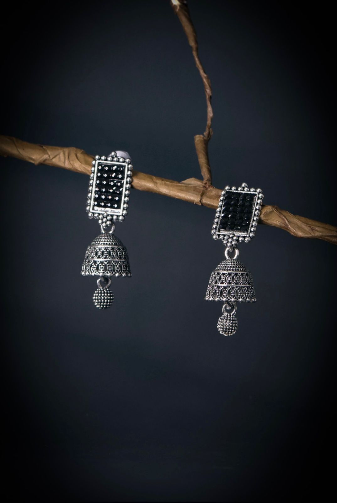 💎 Silver Oxidised White Beaded Jhumka Earrings | Trendy Alloy Drops & Chandbali Danglers Set