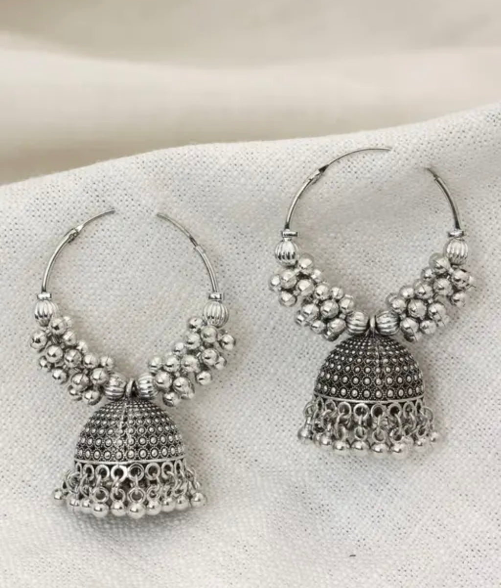 Oxidized Silver Jhumka Hoop Earrings – Traditional Ethnic Statement Jewelry