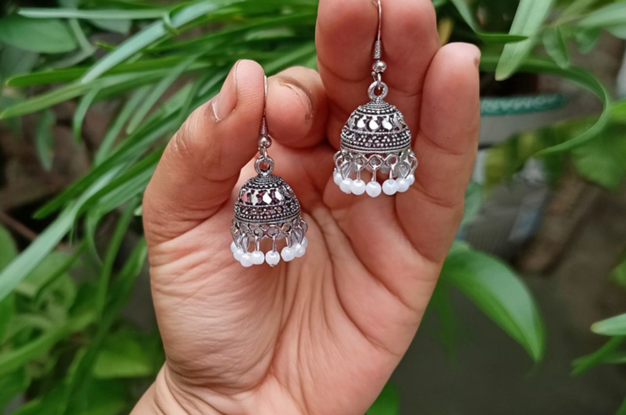 Rendy White Beaded Jhumka for Girls & Women | Lightweight Ethnic Earrings