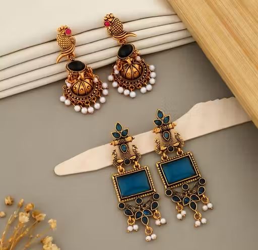 Beautiful Unique Design Oxidised Gold Stud Earrings (Combo of 2) – Premium Monalisa Stone Collection by Jewellery Studio