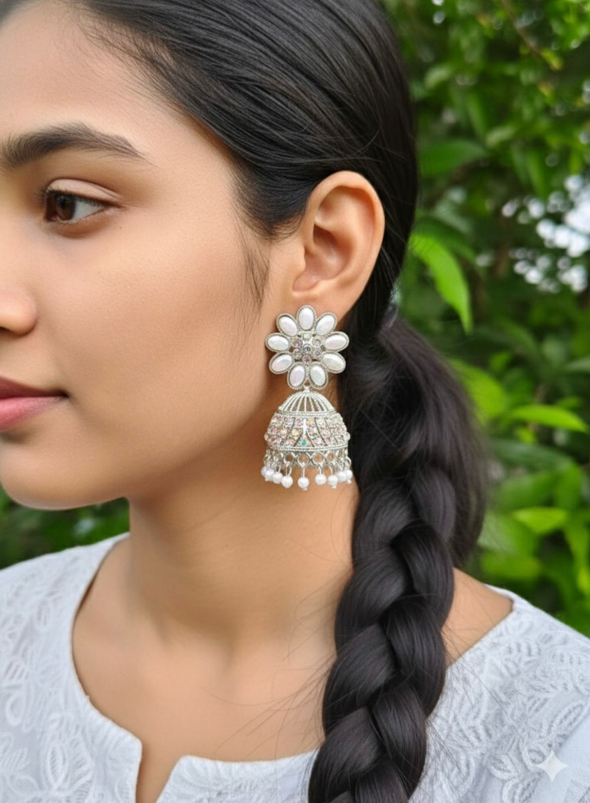 🌸 Trendy White Beaded Jhumka for Girls & Teens | Lightweight Alloy Earrings