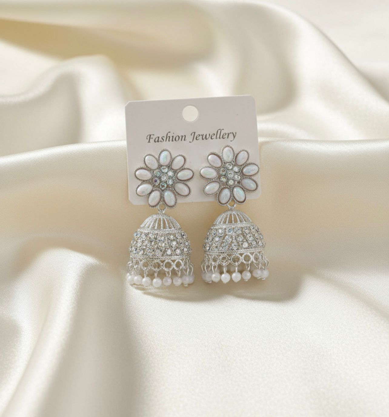 🌸 Trendy White Beaded Jhumka for Girls & Teens | Lightweight Alloy Earrings