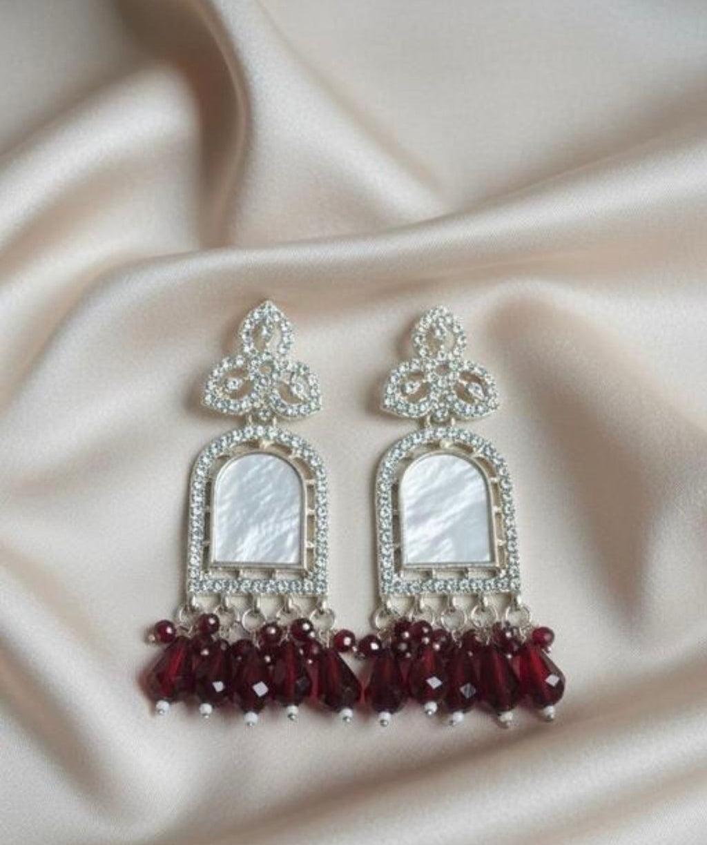 💫 Elegant Designer Silver-Plated Dangler Earrings with Maroon Beads | Karwa Chauth Special Collection{6 colours}