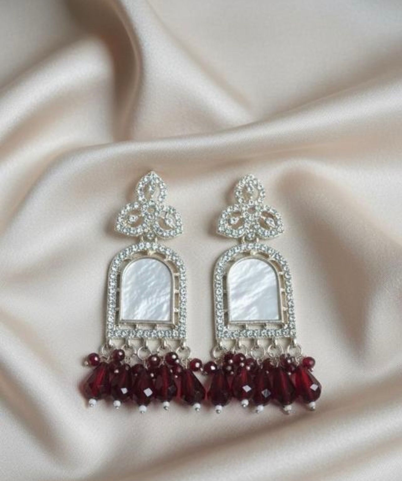 💫 Elegant Designer Silver-Plated Dangler Earrings with Maroon Beads | Karwa Chauth Special Collection{6 colours}